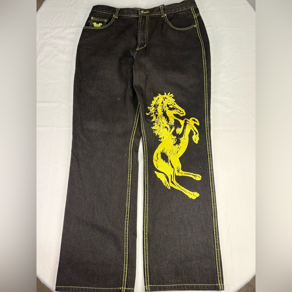 Women’s Y2K Crest Baggy Embroidered Jeans | $30